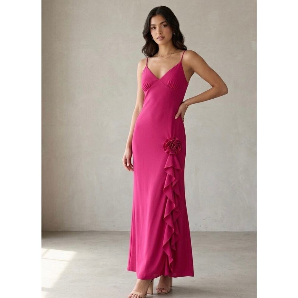 Princess Polly Pink Maxi Dress Size US 4 Ruffle Rosette Slit Prom Wedding Guest